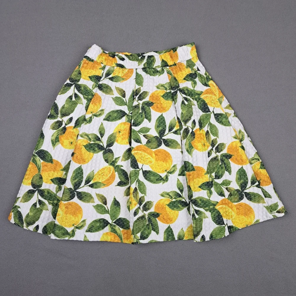 Mia MIIA‎ Skirt Women's 24 White Orange Citrus Pleated Mini Playful Summer Japan
